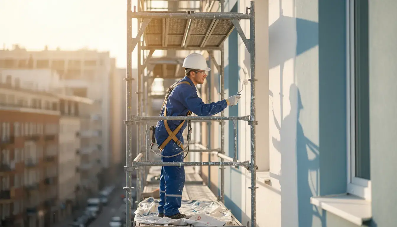 Artisan façadier RFT appliquant une peinture de protection sur une maison à Créon.
